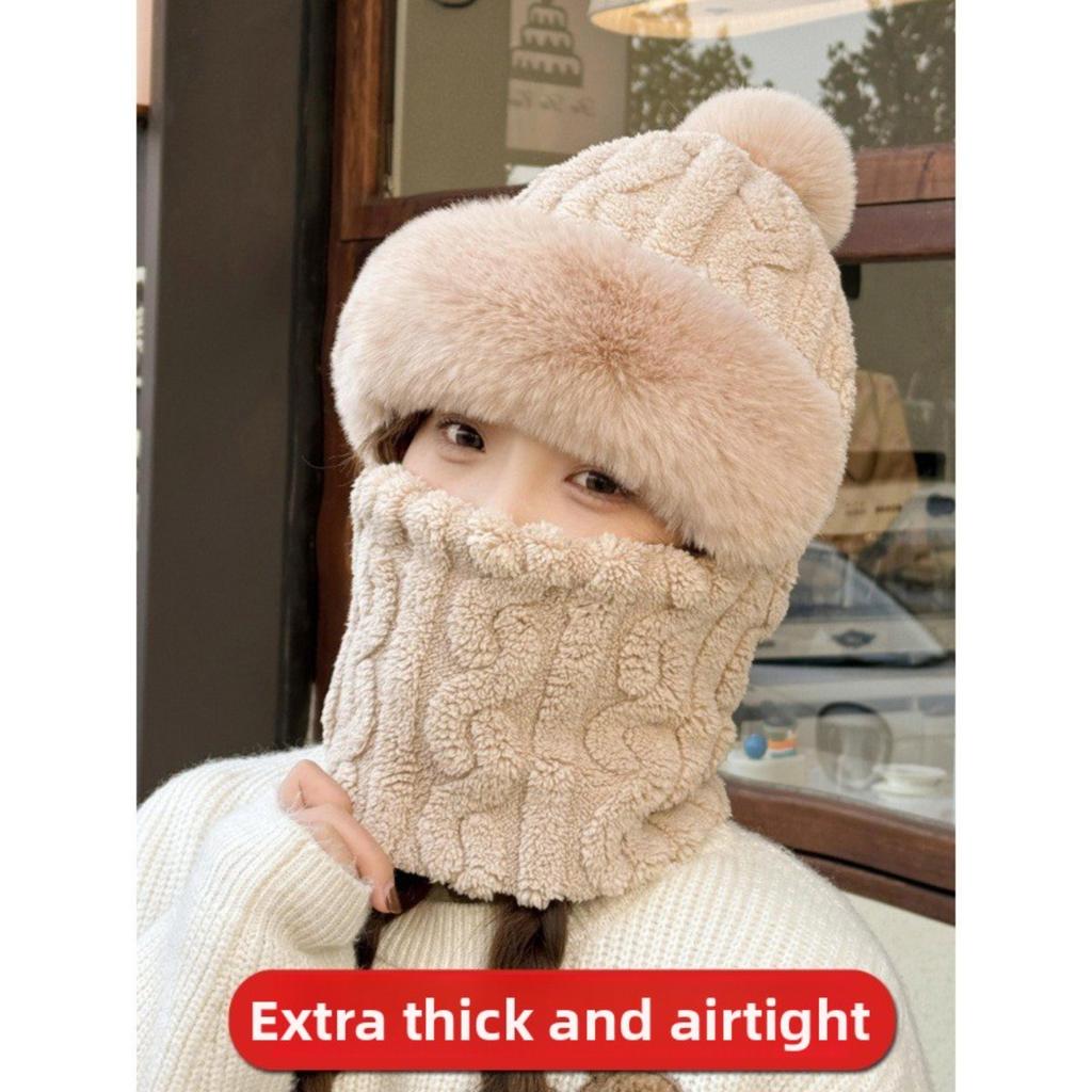 Hat, Neck, One Piece Women's Winter with Thick Velvet Riding Windproof and Cold Proof Electric Car Warm Hoodie