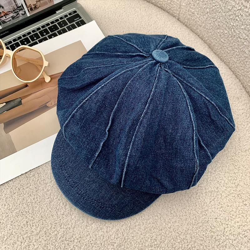 Japanese Simple Washed Denim Beret Women'S Spring Summer Literary And Retro Big Head Sunshade Octagonal Newsboy Cap Gorras