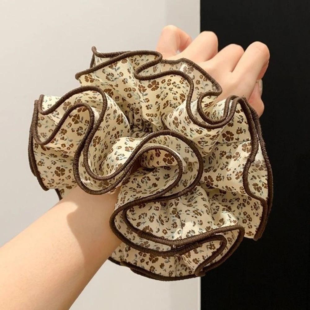 

Vintage Floral Big Satin Scrunchies Brown Chiffon Ponytail Holder Hair Accessories Elastic Scrunchie Hair Ties Bun Hairstyle