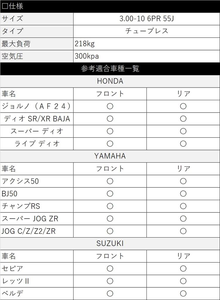 [Auto Parts Center] Block Tire 3.00-10 Tubeless for Live Dio Jog ZR Let's II