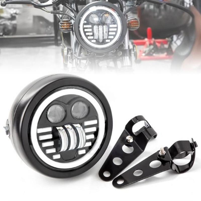 Round Motorcycle LED Headlight With Brackets Assembly High Power 26W Super Bright 6500K Retro Front Headlamp 12V Universal Parts