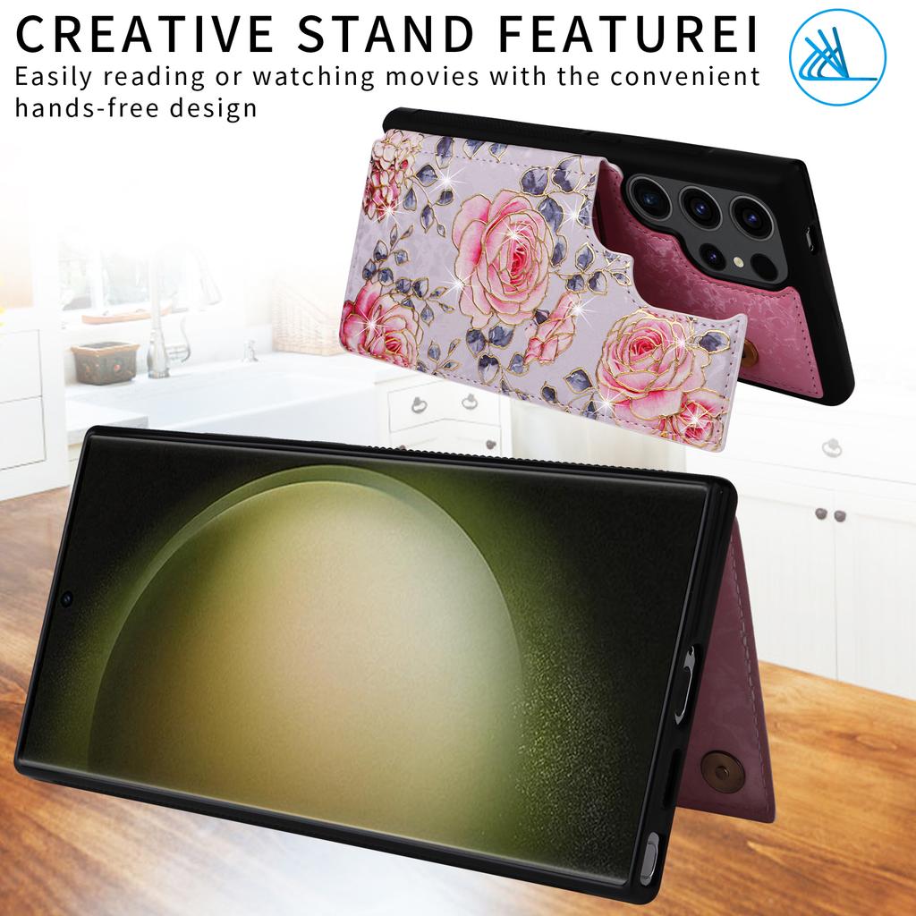 For Samsung Galaxy S23 Ultra Case Kickstand PU Leather+TPU Floral Phone Cover