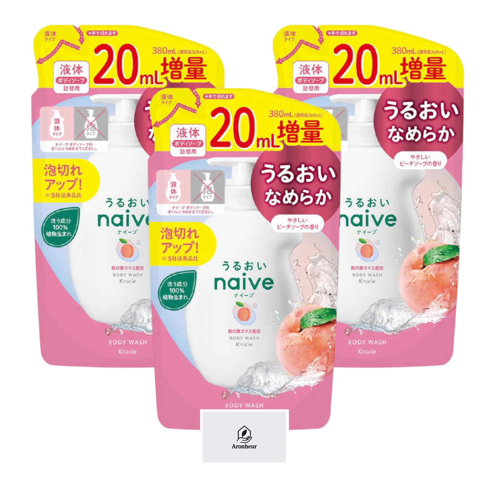

Naive Body Soap with Peach Leaf Extract, Gentle Peach Soap Scent, Refill Pack (380ml total, 20ml extra), Liquid Type, Includes Aronheur Original Mask