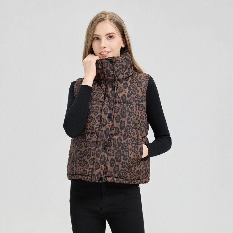 Mode Leopardenmuster Kurze Weste Stehkragen Warm Ärmellose Jacke Damen Oberbekleidung Herbst Winter