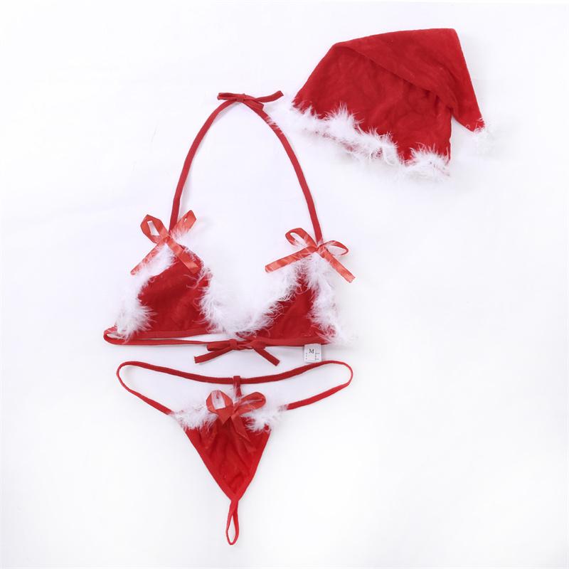 Damen Sexy Dessous Weihnachtskleid Spitze Plüsch Sexy Zweiteiliges Set Weihnachten Cosplay Unterwäsche Slips Set