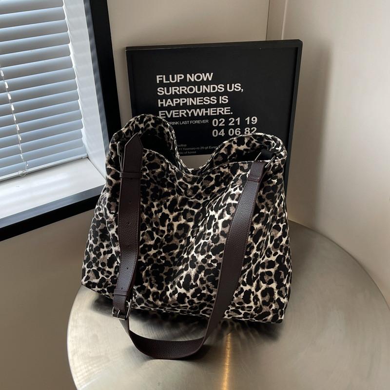Ielgy Leopard Print Canvas Tote Bag Student Class Large Capacity Underarm Bag