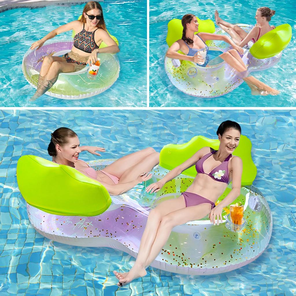 Inflatable Float Mat for Adults and Children 14+, PVC Water Hammock, Sparkly Rainbow Aurora U-Shaped and O-Shaped, Water Sofa with Drink Holder,
