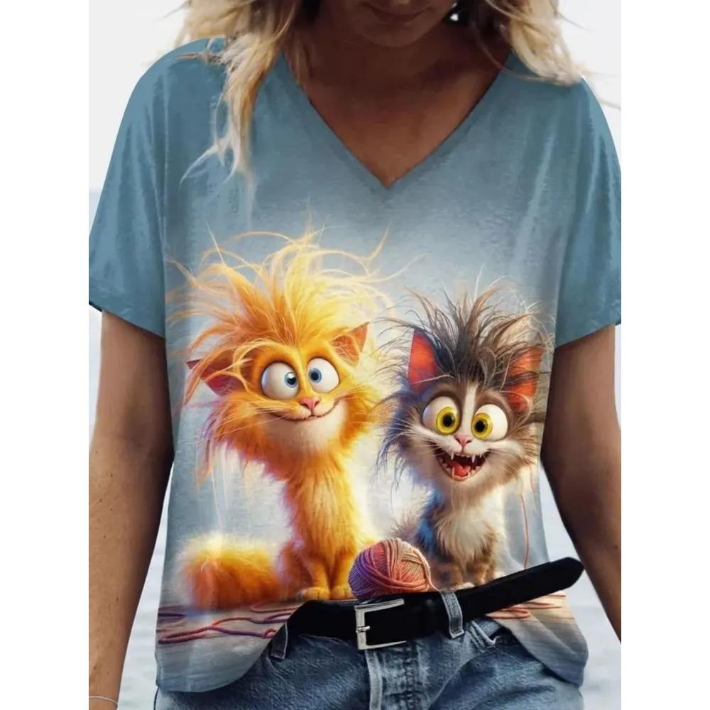 Summer V-neck Funny Cat Pattern 3D Printed Top Fashionable Casual Short Sleeved Women's T-shirts