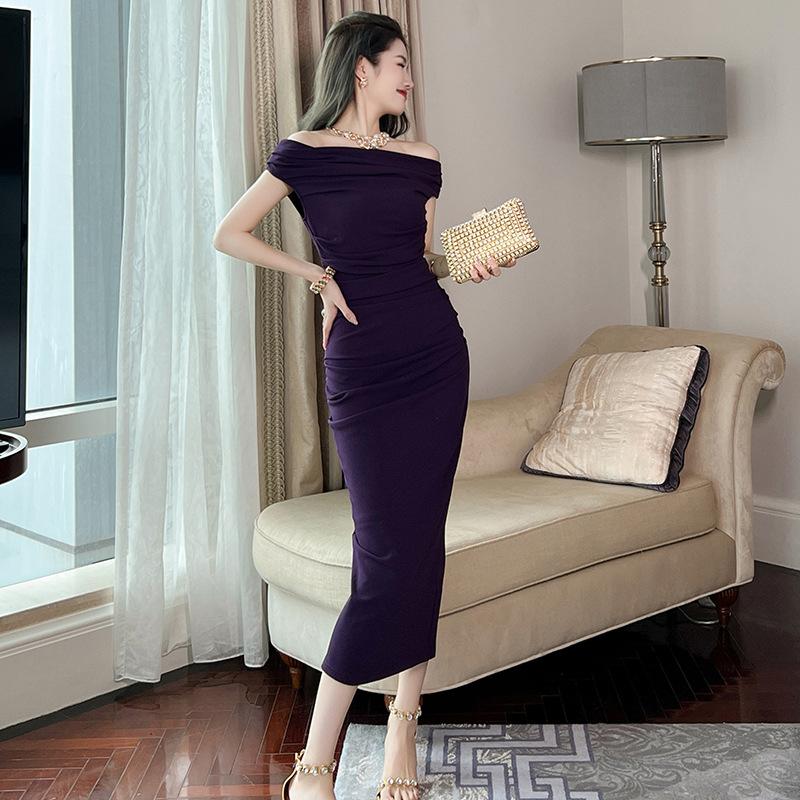 GMXIA Dinner Deluxe Dress Dress Summer Pure Fashion Line Neck Off-the-shoulder Slim Dress