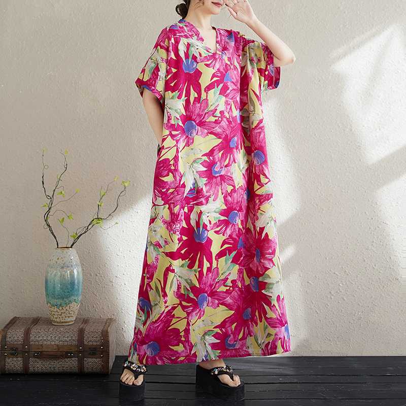 Real Summer New Cotton and Linen Printing V-neck Loose Large Size Simple Holiday Style Long Skirt Women's Beach Skirt Thick