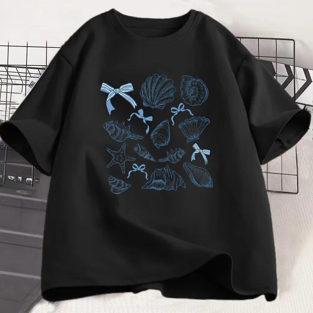 Summer Beach T Shirt Seashell Graphic Tee Tropical Vacation Top Sea Life Illustration Shirt Casual Short Sleeve Apparel