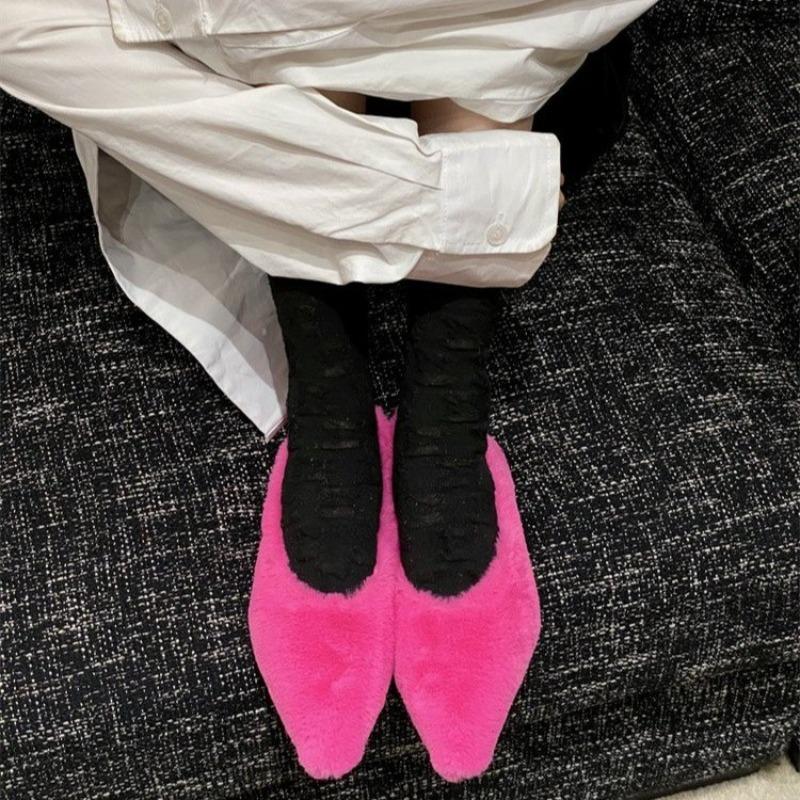 2025 Woman Winter Warm Plush Shallow Loafer Ladies Concise Furry Heeled Dress Shoes Fashion Pointed Toe Fur Ballet Flat