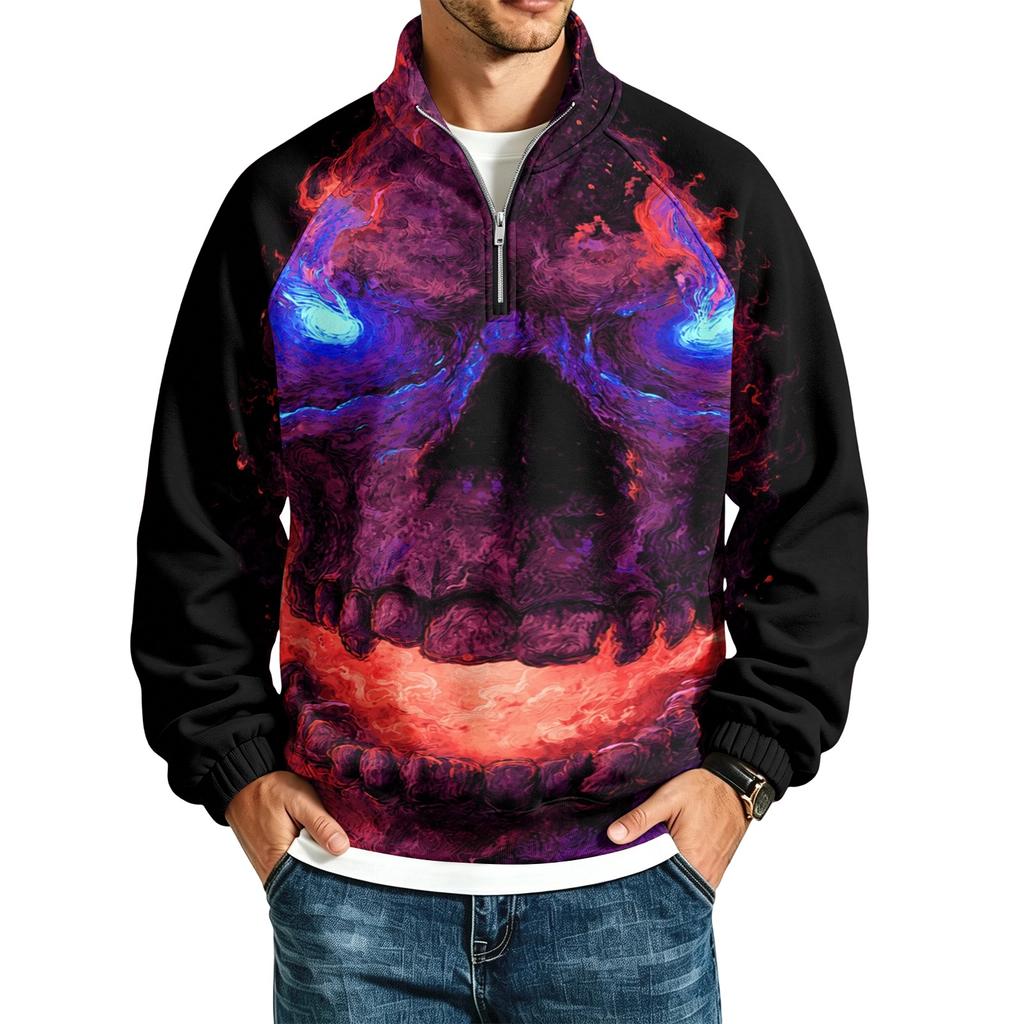 Men's Loose Fit Raglan Sleeve Sweatshirt with Stand Collar and Halloween Print for Parties and Daily Wear