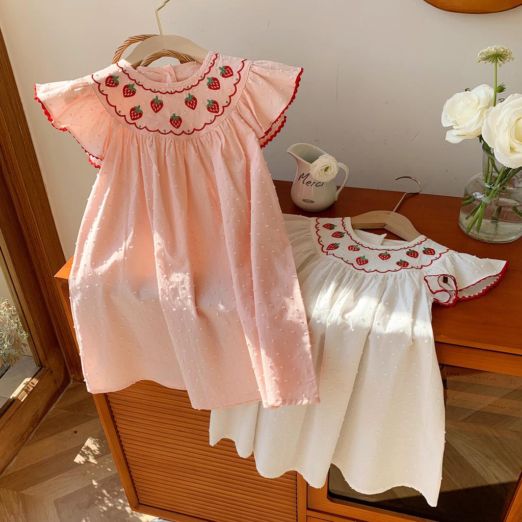 Girls Summer Cotton Dress With Strawberry Embroidery Sweet Cap Sleeve Round Neck Kids Princess Party Casual Sundress