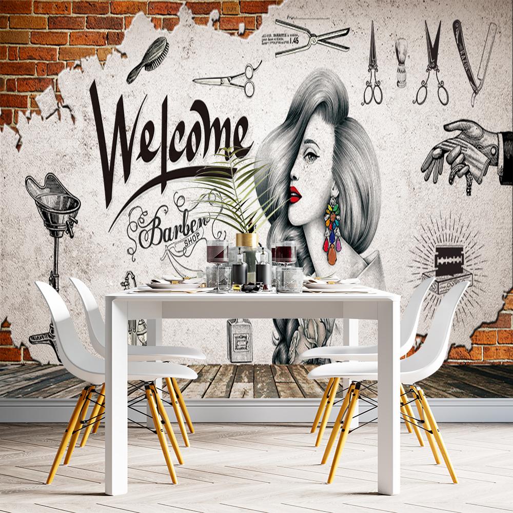 3d Hand-Painted Hair Salon Wall Paper Hair Cut Mural Retro Barber Shop Background Wallpaper 3d Industrial Decor