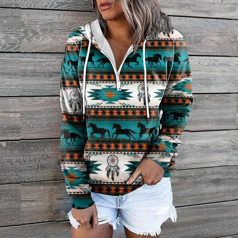 Autumn Winter Ethnic Tribe Hooded Hoodie Jacket Top Sweatshirts Women’s
