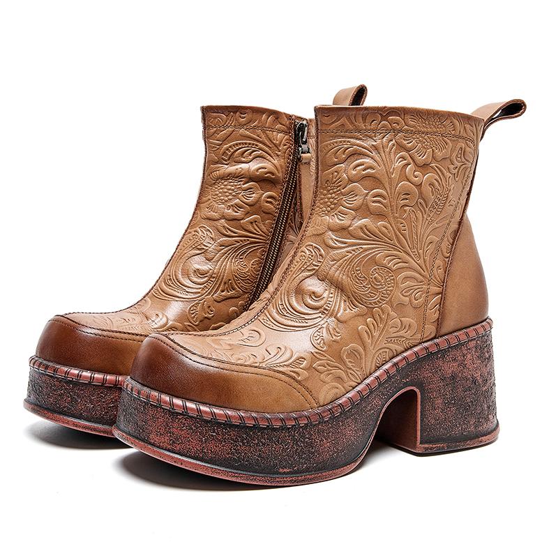 Fashion GKTINOO Women Motorcycle Boots Genuine Leather 2025 New Zip Round Toe Women Shoes Sewing Handmade Retro Platform Short Boots