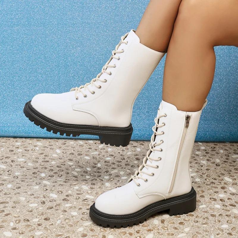 Fashion Lace Up Zipper Midi-Calf Boots For Women Autumn Winter  Solid Platform Modern Boots Woman Square Heel Botas Mujer