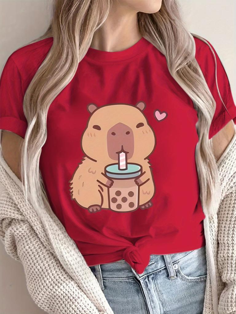 Niedliches Capybara Boba T-Shirt für Damen - Lässig Kurzarm Rundhals Polyesterstrick Maschinenwaschbar Capybara T-Shirt