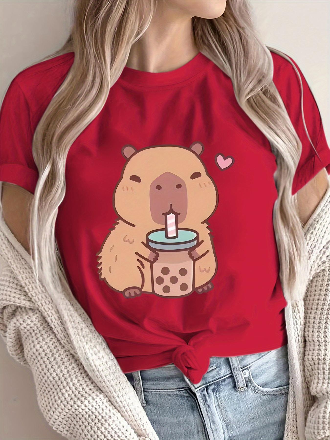 

Women s Cute Capybara Boba Tee - Casual Short Sleeve Round Neck Polyester Knit Machine Washable Capybara T Shirt S