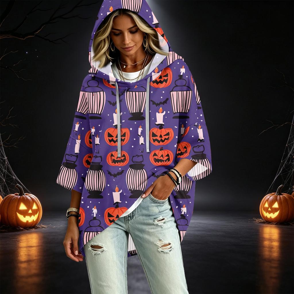 Women's Fashion 3/4 Sleeve Halloween Print Hoodie Pullover Top