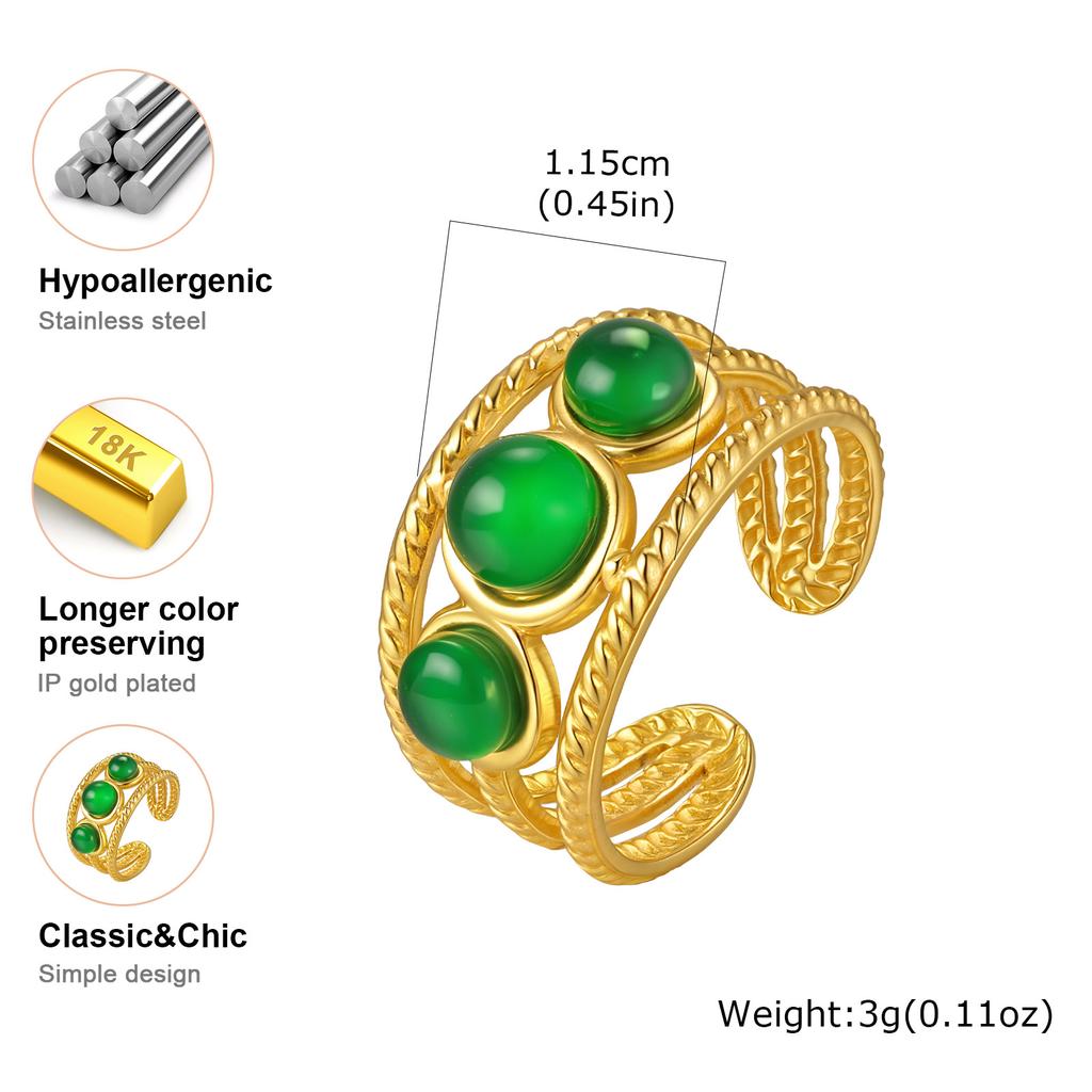 Luxurious Imitation Natural Stone Ring for Women Stainless Steel Twist Texture Opening Rings Retro Finger Jewelry Gift