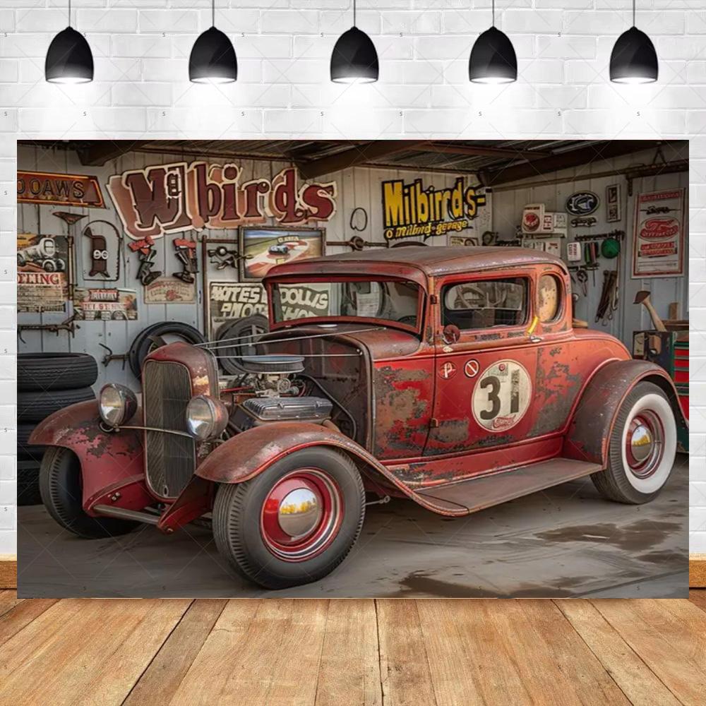 Bannière de Fond de Voiture Chaude Vintage Décoration de Fête Toile de Fond de Garage Classique Fournitures Style Industriel Pneu Outil Accessoire de Photographie