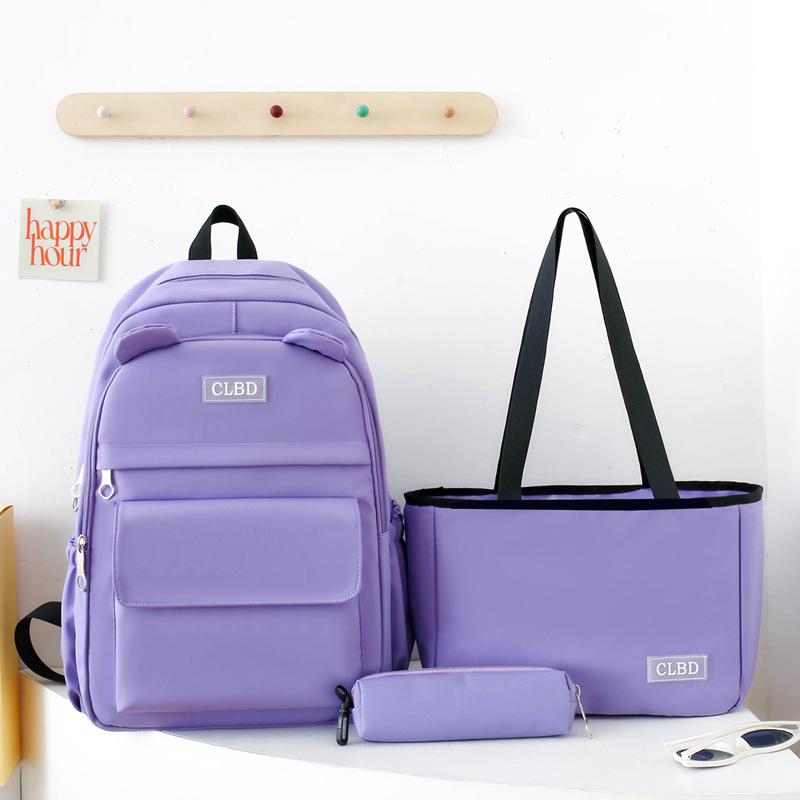 Three-Piece Backpack Set Solid Color Student Schoolbag Women Large Capacity Lightweight Computer Backpack