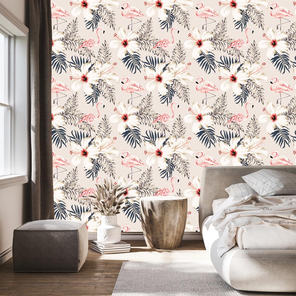 Flamingos, leaves and flowers wallpaper for living room and bedroom 50x1000