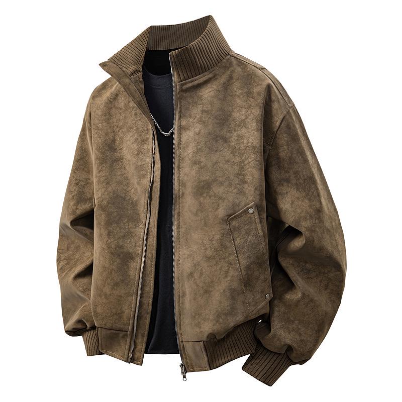Men's Retro PU Leather Jacket with Stand Collar - Trendy, Versatile, Loose Fit for Spring and Autumn with Plus Velvet Casual Design.