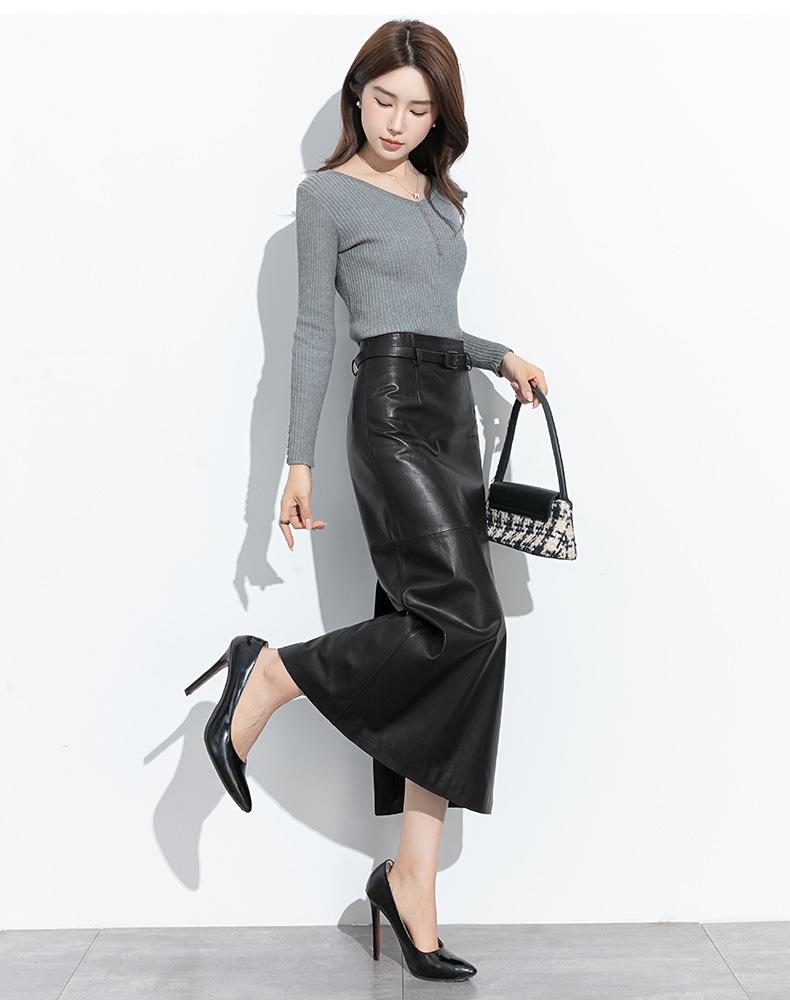 Women's Korean Style Lambskin Midi Skirt with Back Slit - Genuine Leather, Versatile, Hip-Hugging, One-Piece Long Skirt for Spring and Autumn.