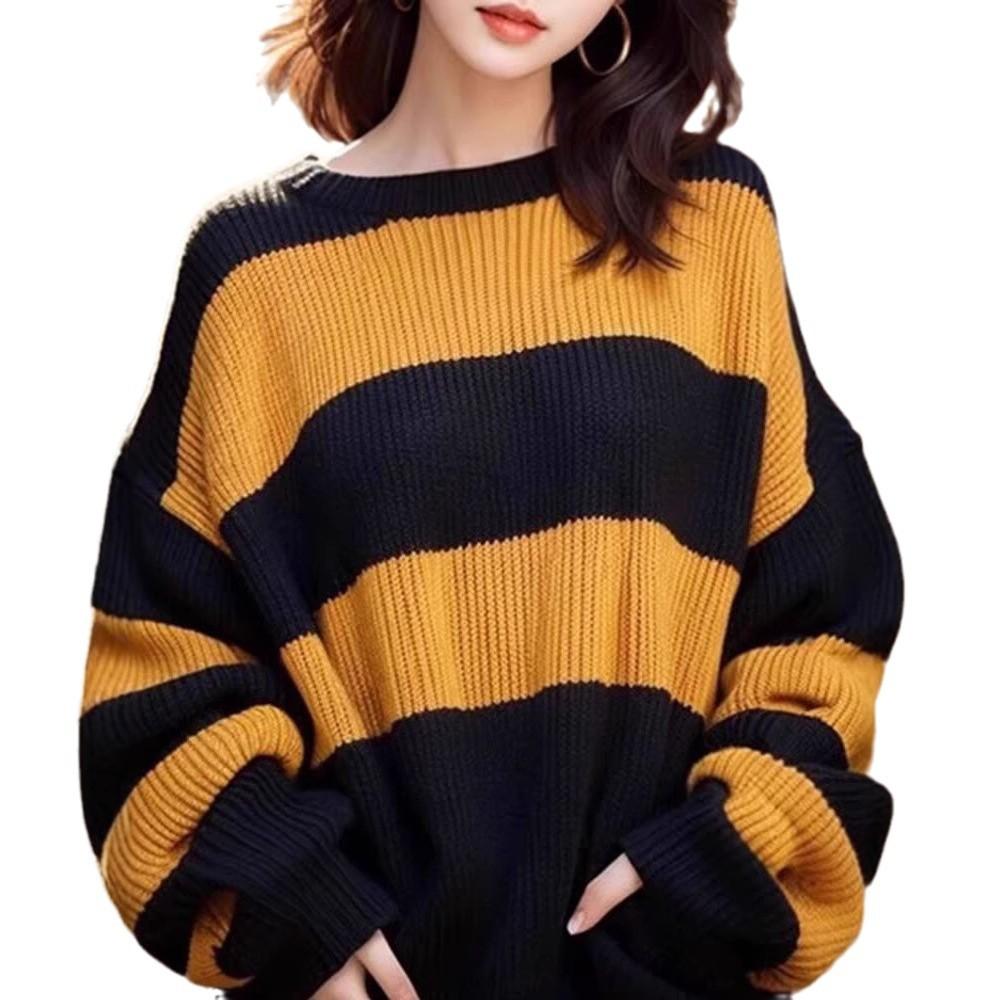 Color Blocking Striped Loose Sweater Women's Long Sleeved Pullover Knitted Sweater Top