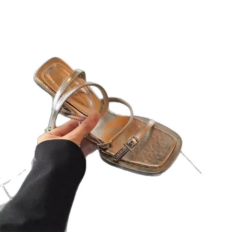 Rhinestone temperament sandals women's new summer silver square head open-toe buckle strap thick heel high heels