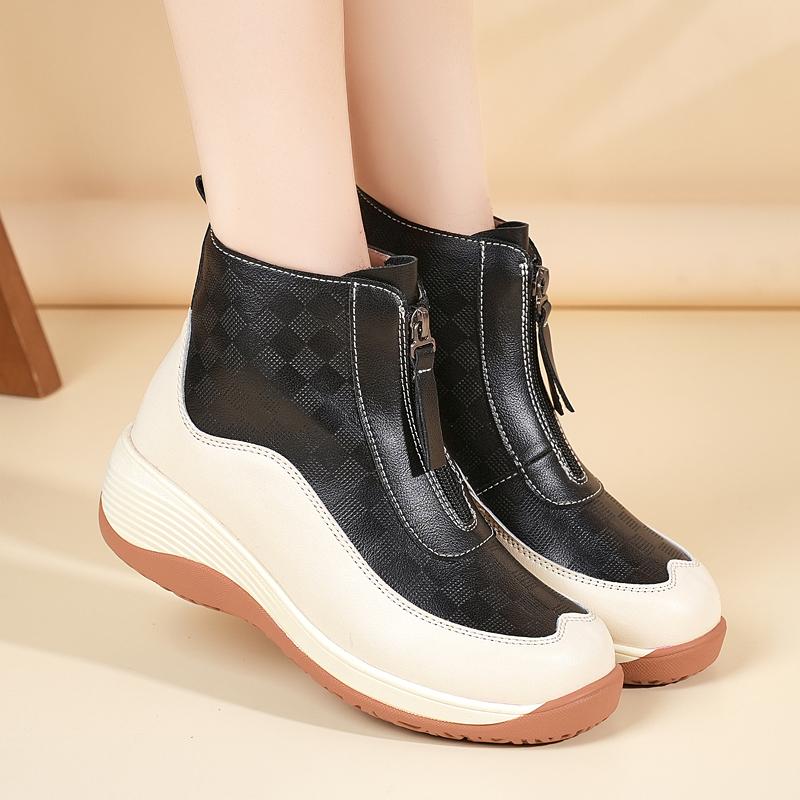 Chaussures de Sport à Plateforme pour Femmes Décontractées Bottines Noires en Cuir Chaussures à Semelle Compensée Baskets Hautes à Hauteur Augmentée