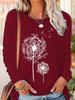 fashionable casual loose dandelion pattern printed round neck long sleeved T-shirt