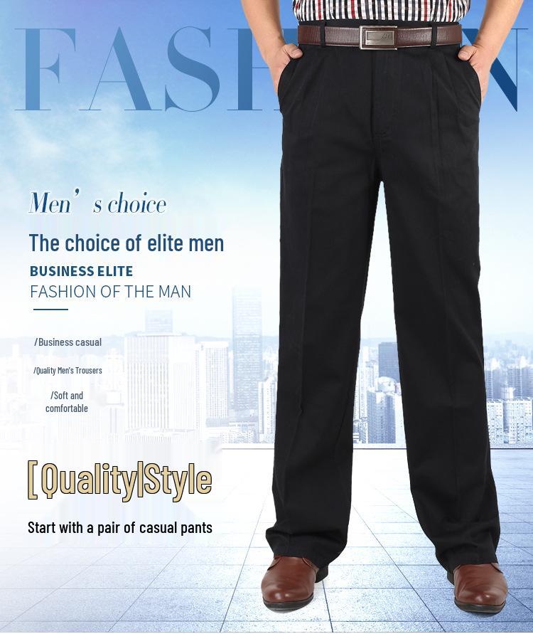 Dad's Pants Men's High Waist Cotton Double Pleated Loose Fit Pants for Spring & Autumn