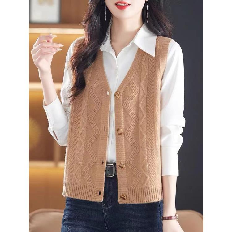 Women's Vest Autumn and Winter New V-neck Cardigan Sleeveless Solid Color Sweater Vest Loose Knitted Vest Mother's