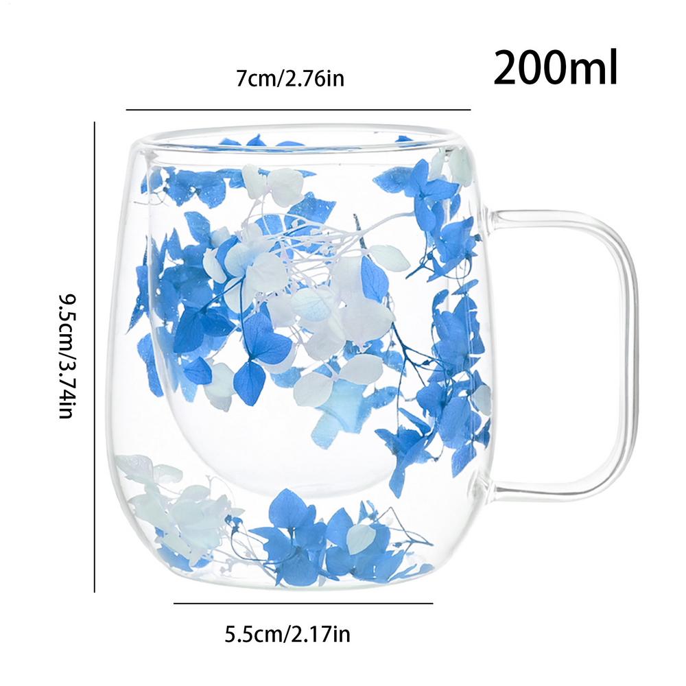 Double Wall Glass Cup 200ml Clear Dried Flowers Milk Tea Coffee Mug with Handle Gifts Friends Home Water Cup Drinking Glasses