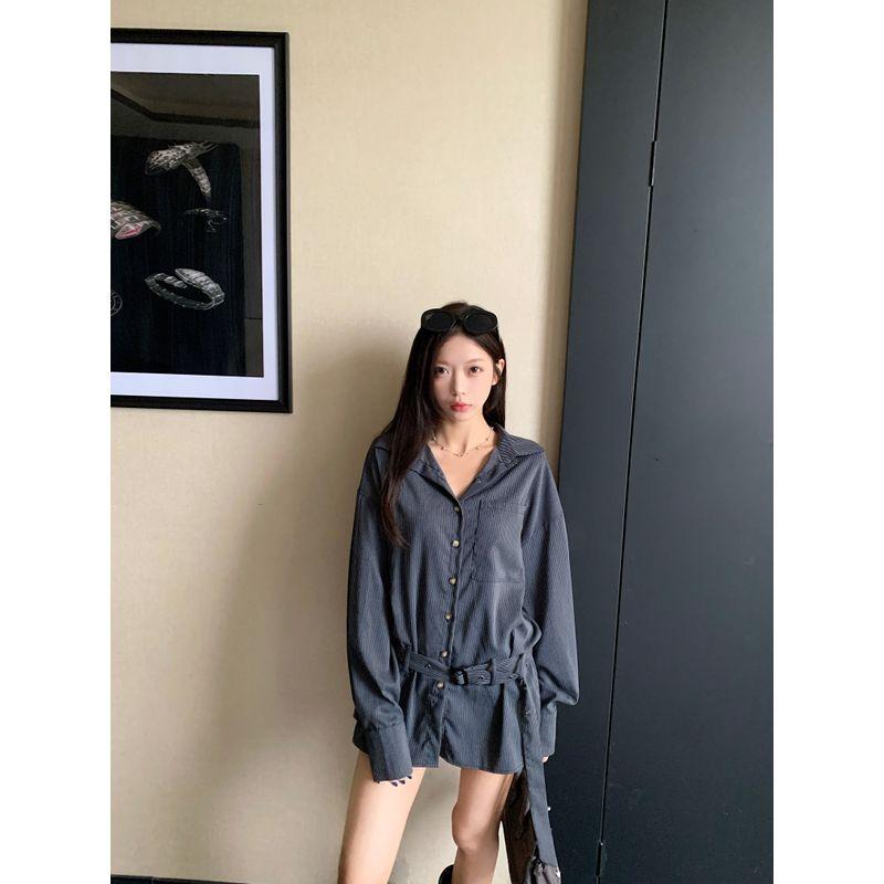 

Kumikumi Design Sense Stripe Lapel Strap Long sleeve Shirts Women Autumn All-Match Loose Slimming Chic Top Dark Blue One size