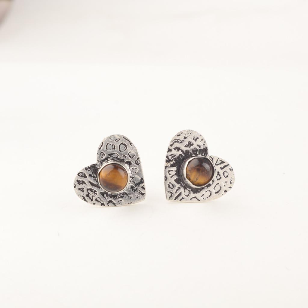 925 Sterling Silver Handmade Yellow Tiger Eye Gemstone Jewelry Studs Earring0.6" EE-143-24