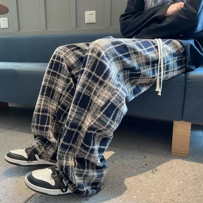 Woolen Fleece Lined Plaid Pants High Waisted Classic Vintage Black Casual Straight Leg Pants Slimming Bell Bottoms For Men Women
