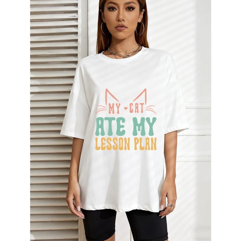 

White T Shirt With Cat Ears And My Cat Ate My Lesson Plan Print For Casual Wear And Everyday Use XXXXL білий