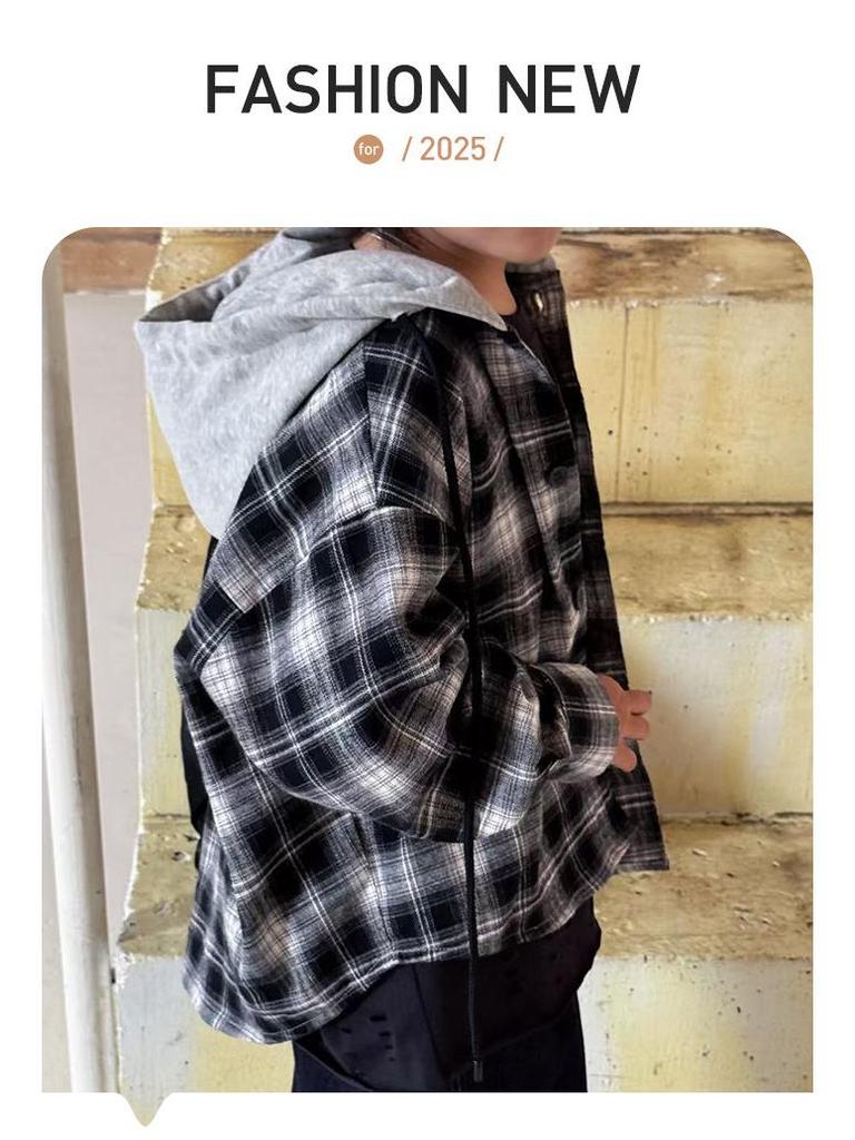 Boy's Spring & Autumn Plaid Hooded Long-Sleeve Shirt Jacket