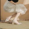 Beautiful with skirt and outer wear Guangzhou thick heel high heels women's sheepskin pad square head solid color satin women's shoes spring