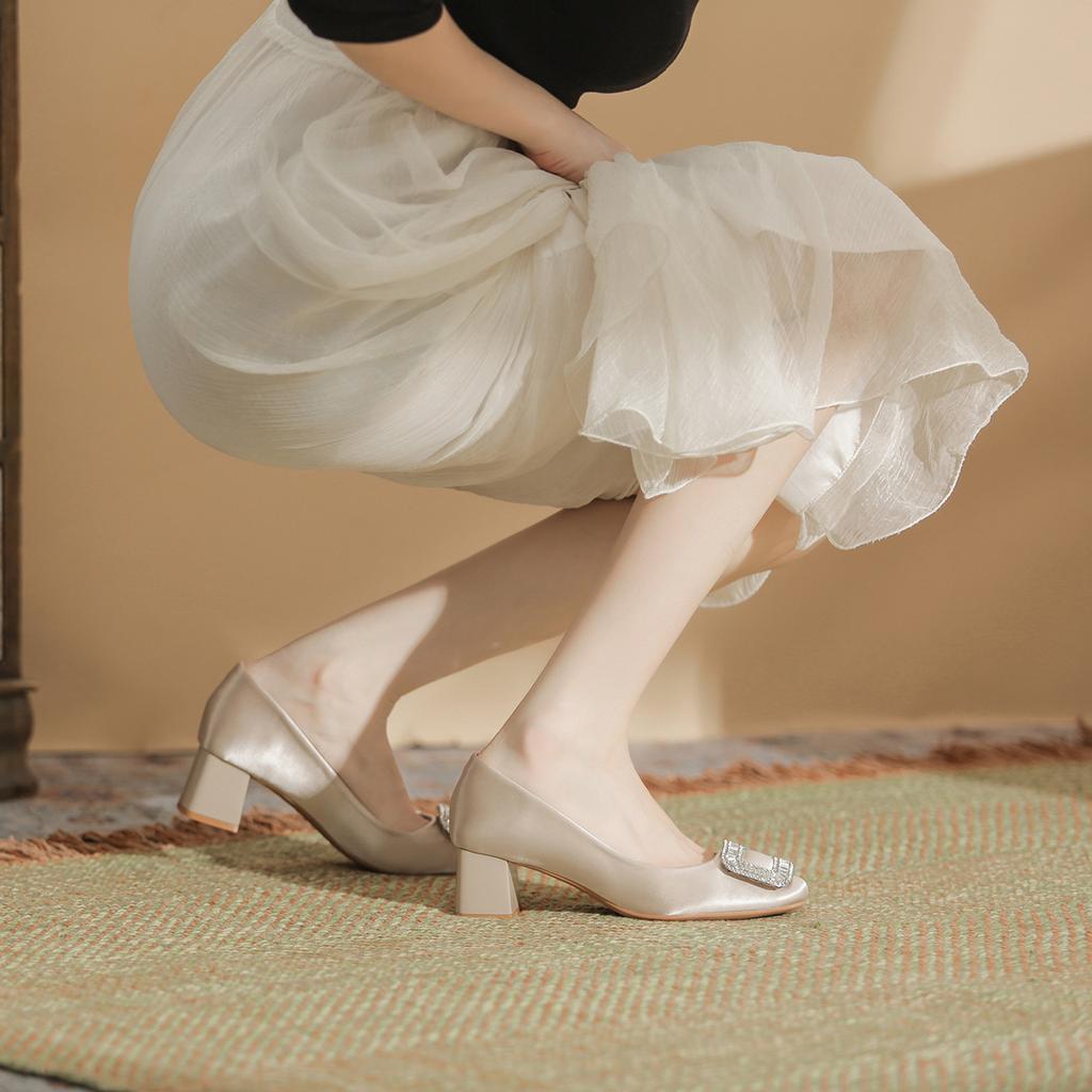 Beautiful with skirt and outer wear Guangzhou thick heel high heels women's sheepskin pad square head solid color satin women's shoes spring