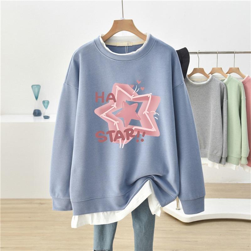 Star Print Fake Two Women's Plus Size Hoodie Long Sleeved Round Neck Sweatshirt  Autumn Warm Woman Loose Casual Top