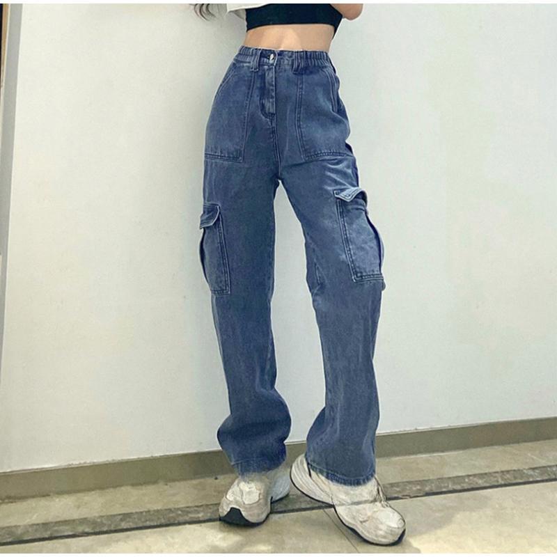 Women Cargo Pants High Waist Solid Color Loose Multi Pockets Full Length Soft Breathable Casual Streetwear Lady Denim Trousers