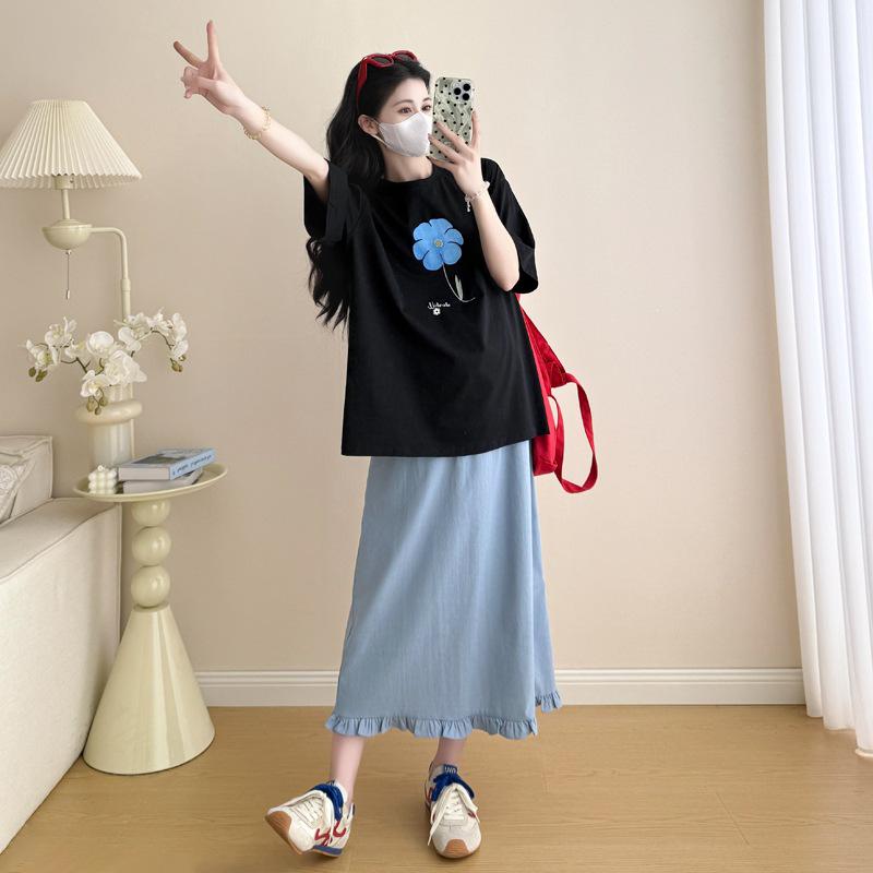 Korean Style 2026 Summer Maternity Top & Adjustable Skirt Set L