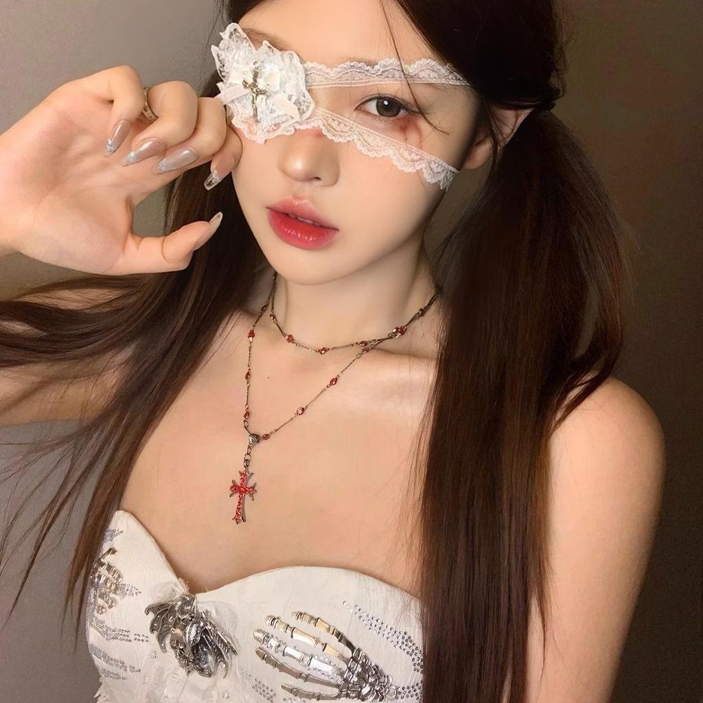 Retro Sweet Cool Red Cross Choker, Long Layered Minimal Luxury Clavicle Necklace