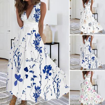 Deep V Neck Sleeveless Maxi Dress A-Line Big Hem Full Length Elegant Floral Print High Waist Vest Dress Banquet Clothing